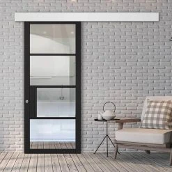 Single Sliding Door & Wall Track - Chelsea 4 Pane Black Primed Door - Clear Glass