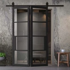 SpaceEasi Top Mounted Black Folding Track & Double Door - Chelsea 4 Pane Black Primed Door - Clear Glass