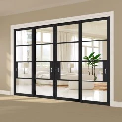 Pass-Easi Four Sliding Doors And Frame Kit - Chelsea 4 Pane Black Primed Door - Clear Glass