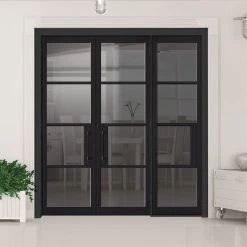 ThruEasi Room Divider - Chelsea 4 Pane Black Primed Tinted Glass Unfinished Double Doors With Single Side