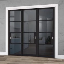 Pass-Easi Three Sliding Doors And Frame Kit - Chelsea 4 Pane Black Primed Door - Tinted Glass