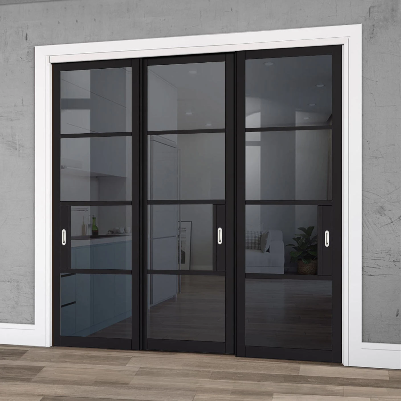Pass-Easi Three Sliding Doors And Frame Kit - Chelsea 4 Pane Black Primed Door - Tinted Glass 1 Pass-Easi Three Sliding Doors And Frame Kit - Chelsea 4 Pane Black Primed Door - Tinted Glass