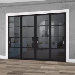 Pass-Easi Four Sliding Doors And Frame Kit - Chelsea 4 Pane Black Primed Door - Tinted Glass