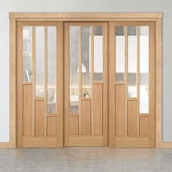 Pass-Easi Three Sliding Doors And Frame Kit - Coventry Contemporary Oak Door - Clear Glass - Unfinished