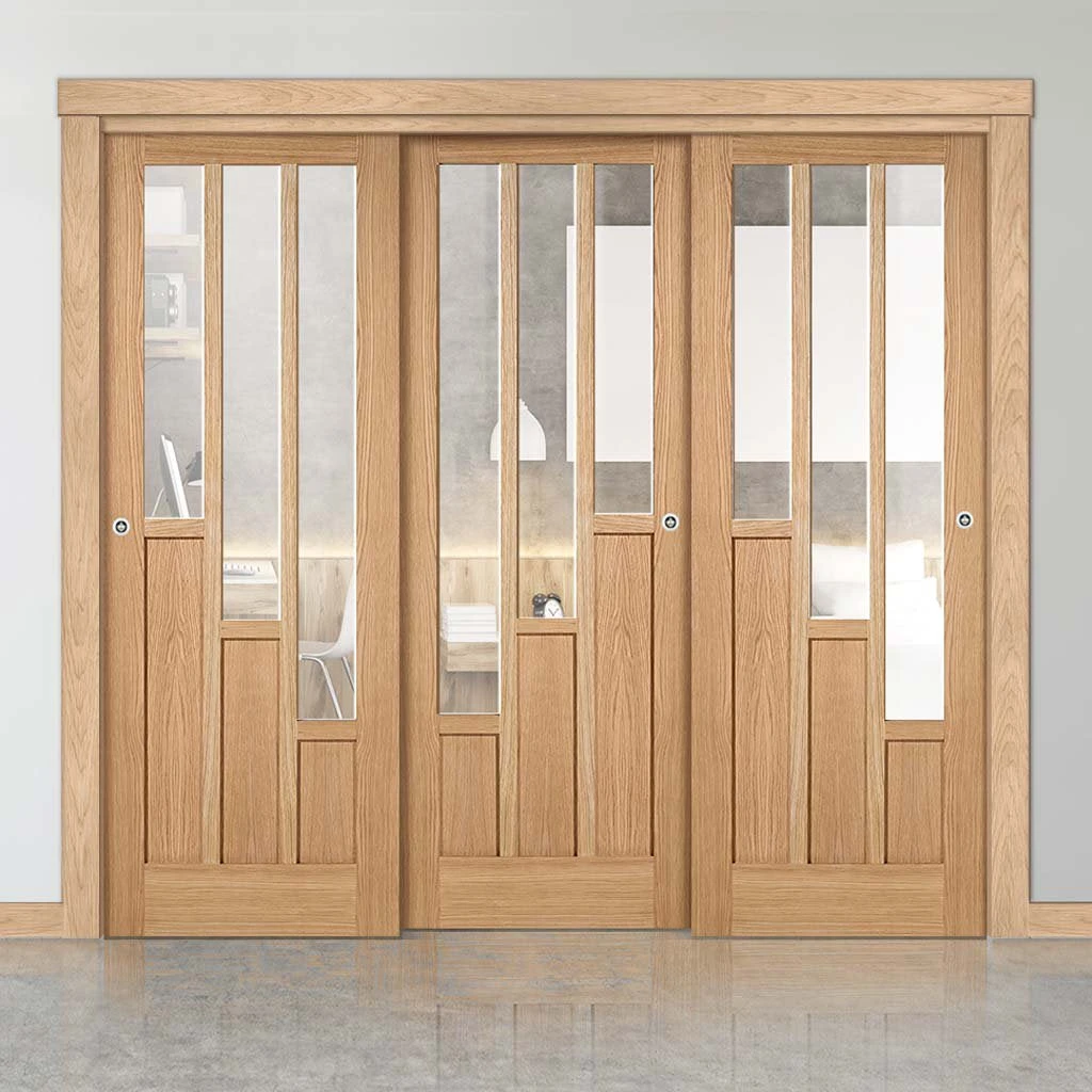 Pass-Easi Three Sliding Doors And Frame Kit - Coventry Contemporary Oak Door - Clear Glass - Unfinished 1 Pass-Easi Three Sliding Doors And Frame Kit - Coventry Contemporary Oak Door - Clear Glass - Unfinished