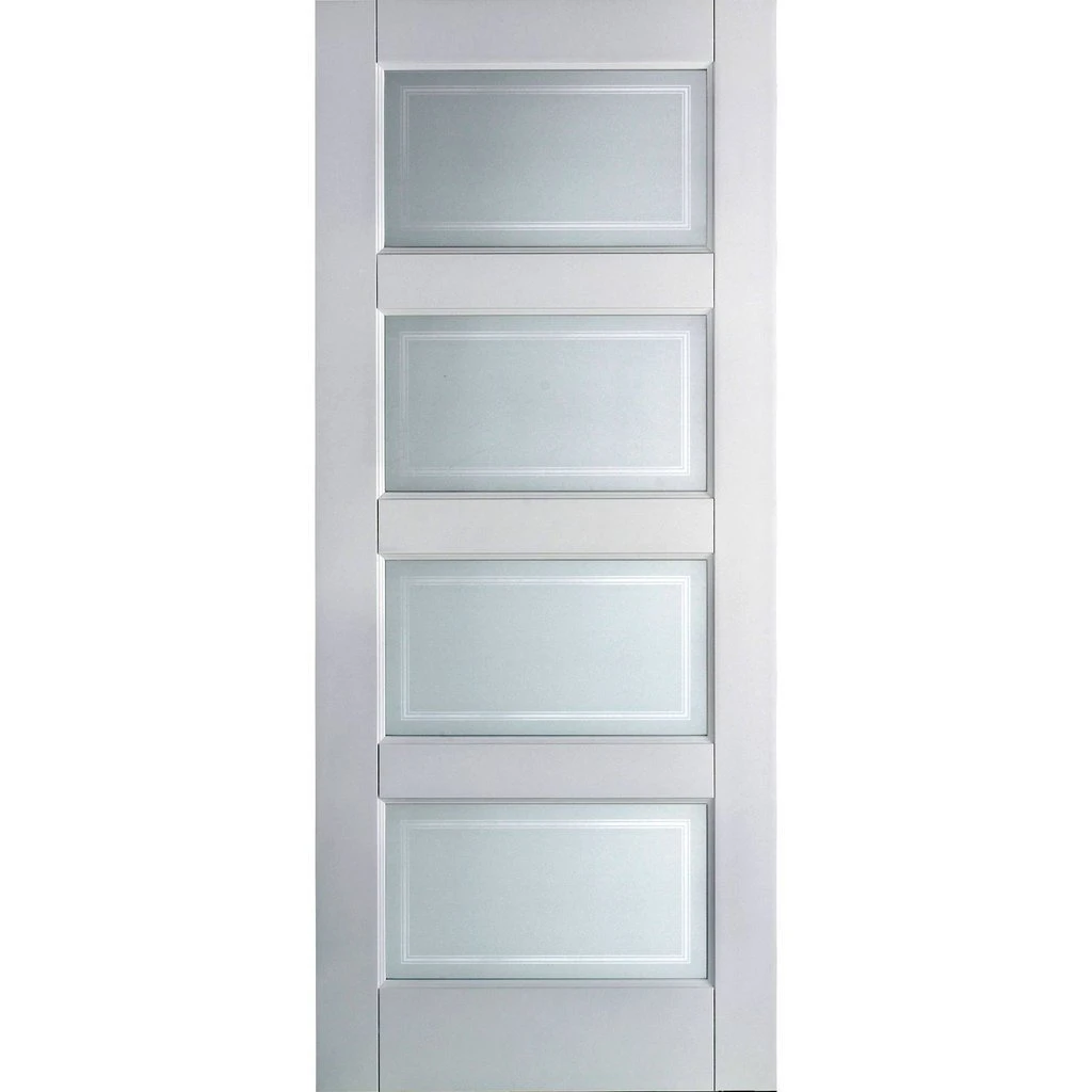 ThruEasi Room Divider - Contemporary 4 Pane Sandblasted Glass - Clear Lines White Primed Double Doors With Single Side 2 ThruEasi Room Divider - Contemporary 4 Pane Sandblasted Glass - Clear Lines White Primed Double Doors With Single Side - Image 2