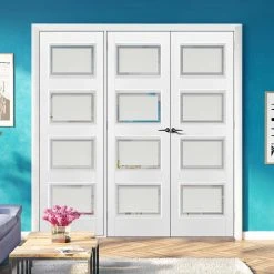 ThruEasi Room Divider - Contemporary 4 Pane Sandblasted Glass - Clear Lines White Primed Double Doors With Single Side