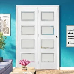 ThruEasi Room Divider - Contemporary 4 Pane Sandblasted Glass - Clear Lines White Primed Door With Single Side