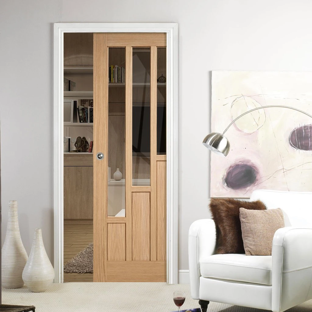 Coventry Contemporary Oak Single Evokit Pocket Door - Clear Glass 1 Coventry Contemporary Oak Single Evokit Pocket Door - Clear Glass