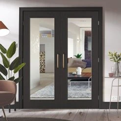 Bespoke Diez Charcoal Black 1L Internal Door Pair - Raised Mouldings - Clear Glass - Prefinished