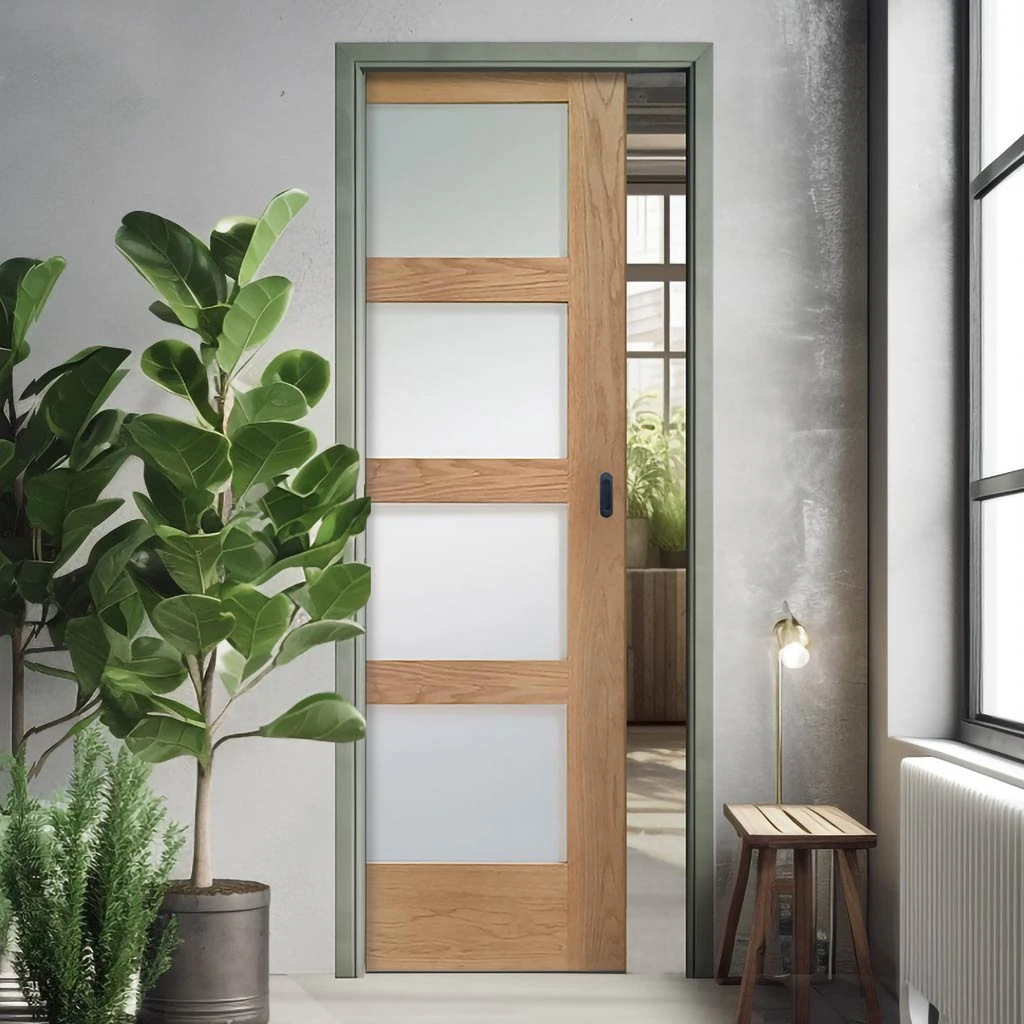 Contemporary Oak Single Evokit Pocket Door - Frosted Glass - Prefinished 1 Contemporary Oak Single Evokit Pocket Door - Frosted Glass - Prefinished