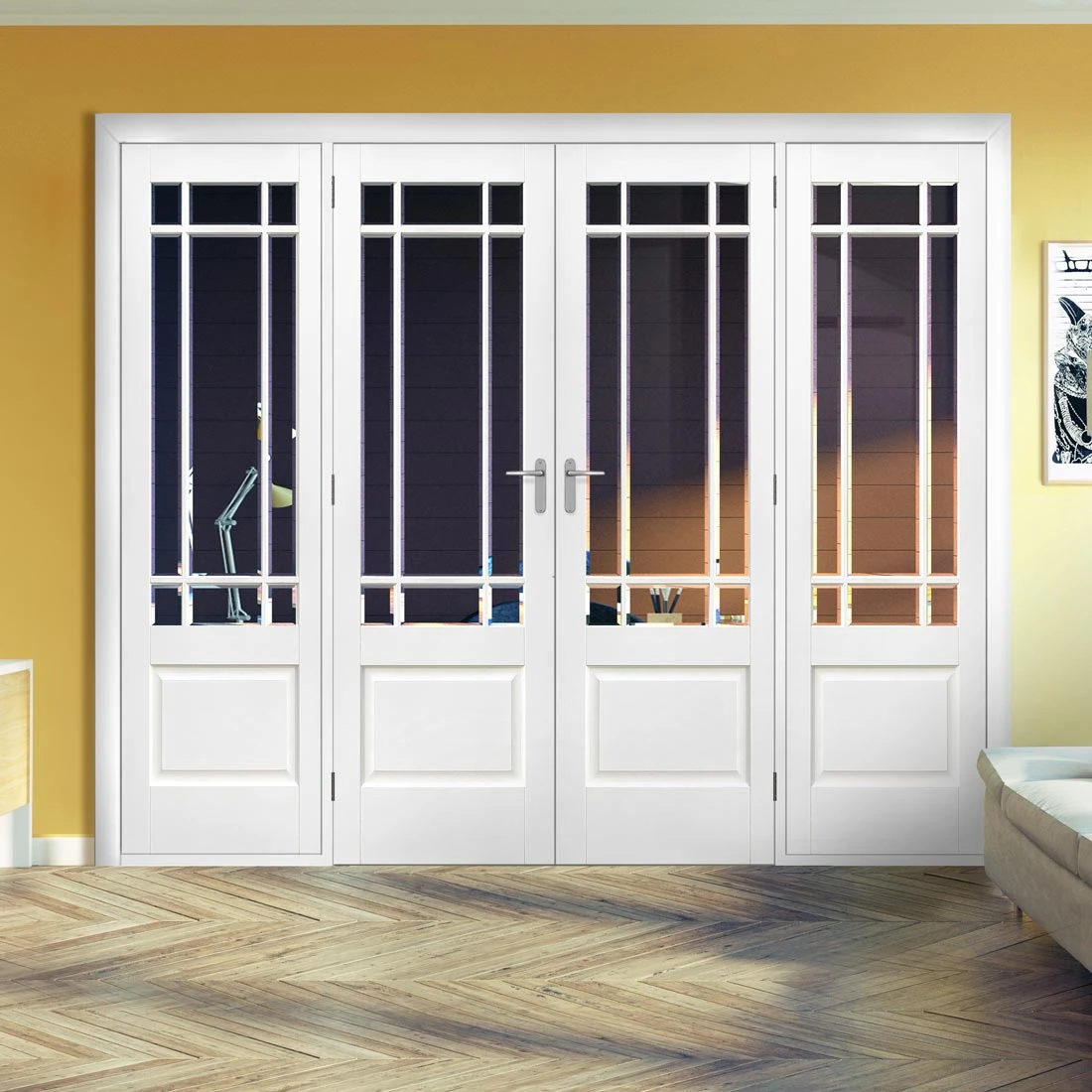 ThruEasi Room Divider - Downham Bevelled Clear Glass White Primed Double Doors With Double Sides 1 ThruEasi Room Divider - Downham Bevelled Clear Glass White Primed Double Doors With Double Sides