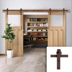 Double Sliding Door & Straight Antique Rust Track - 1930's Oak Solid Doors - Frosted Glass - Unfinished