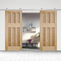 Top Mounted Stainless Steel Sliding Track & Double Door - DX 60's Nostalgia Oak Panel Doors - Unfinished