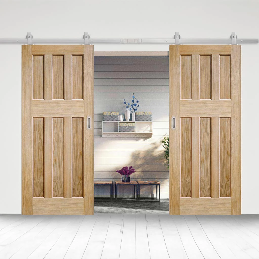 Top Mounted Stainless Steel Sliding Track & Double Door - DX 60's Nostalgia Oak Panel Doors - Unfinished 1 Top Mounted Stainless Steel Sliding Track & Double Door - DX 60's Nostalgia Oak Panel Doors - Unfinished