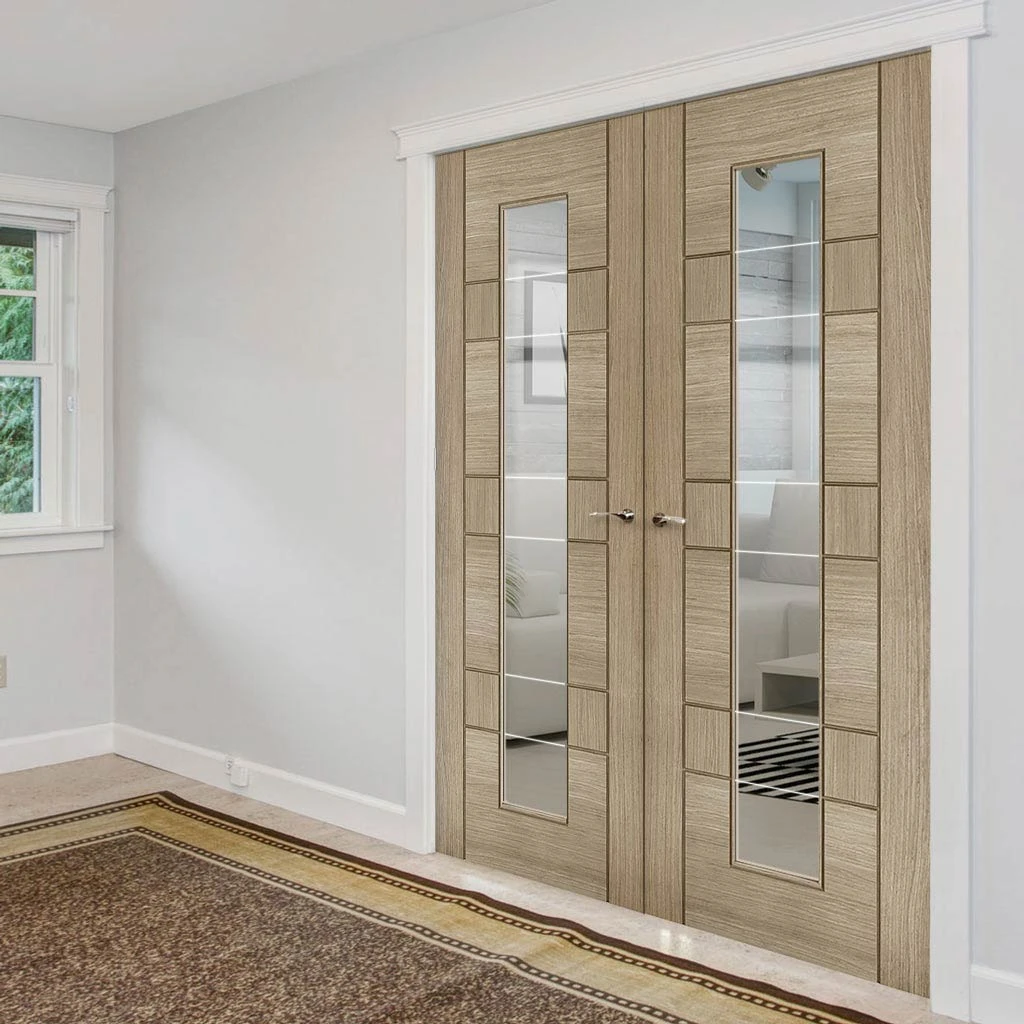 Edmonton Light Grey Internal Door Pair - Clear Glass With Frosted Lines - Prefinished 1 Edmonton Light Grey Internal Door Pair - Clear Glass With Frosted Lines - Prefinished