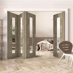 Four Folding Doors & Frame Kit - Edmonton Light Grey 3+1 - Clear Glass With Frosted Lines - Prefinished