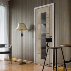 Edmonton Light Grey Internal Door - Clear Glass With Frosted Lines - Prefinished