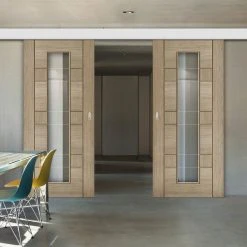 Double Sliding Door & Wall Track - Edmonton Light Grey Door - Clear Glass With Frosted Lines - Prefinished