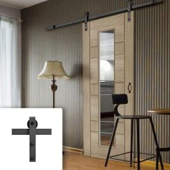 Single Sliding Door & Black Barn Track - Edmonton Light Grey Door - Clear Glass With Frosted Lines - Prefinished