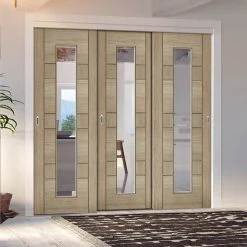 Pass-Easi Three Sliding Doors And Frame Kit - Edmonton Light Grey Door - Clear Glass With Frosted Lines - Prefinished