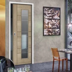 Edmonton Light Grey Single Evokit Pocket Door - Clear Glass With Frosted Lines - Prefinished