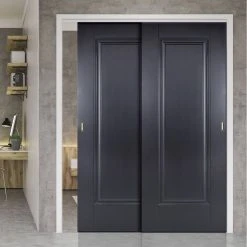 Pass-Easi Two Sliding Doors And Frame Kit - Eindhoven 1 Panel Black Primed Door - Unfinished