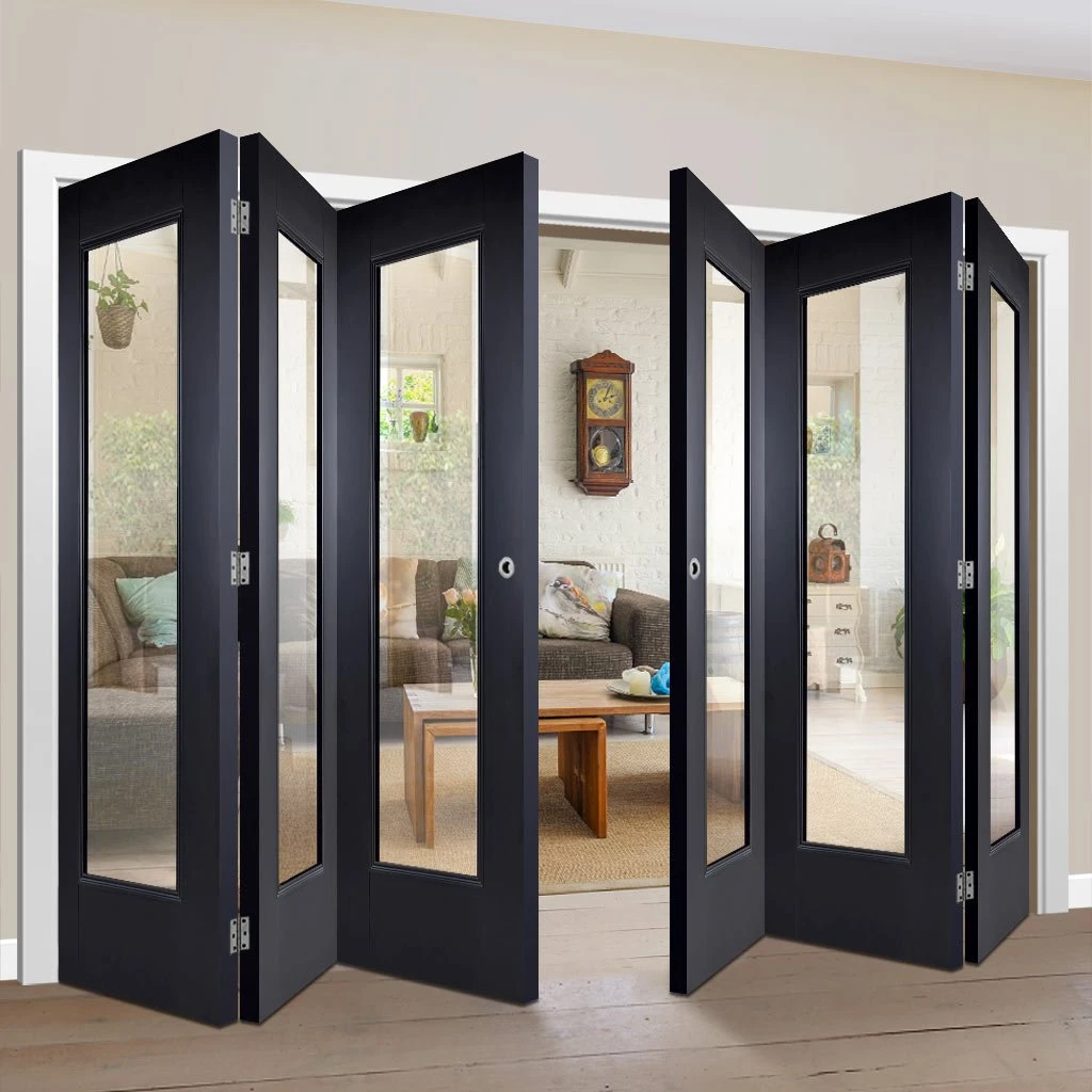 Six Folding Doors & Frame Kit - Eindhoven Black Primed 3+3 - Clear Glass - Unfinished 1 Six Folding Doors & Frame Kit - Eindhoven Black Primed 3+3 - Clear Glass - Unfinished