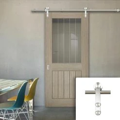Saturn Tubular Stainless Steel Sliding Track & Belize Light Grey Door - Clear Glass Frosted Lines - Prefinished