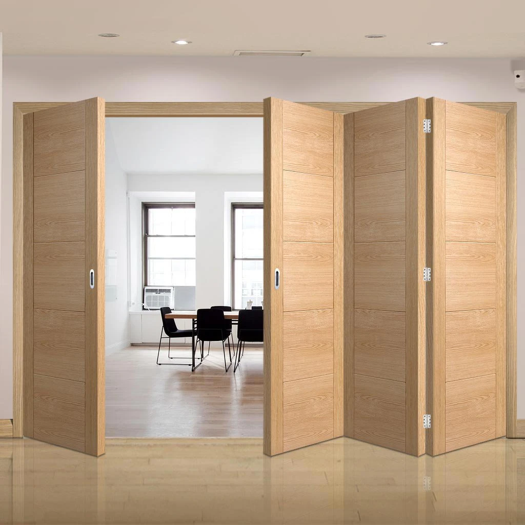 Four Folding Doors & Frame Kit - Vancouver 5 Panel Effect Flush Oak 3+2 - Prefinished 2 Four Folding Doors & Frame Kit - Vancouver 5 Panel Effect Flush Oak 3+2 - Prefinished - Image 2