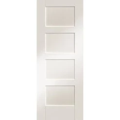 Double Sliding Door & Wall Track - Shaker 4P Door - White Primed -LPD Door freefold white shaker 4 panel 3 door main8 2130afa5 0f95 417e b4e1 e22869779a01