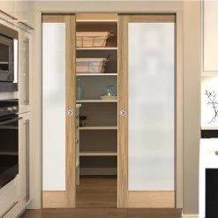 Pattern 10 Oak Double Evokit Pocket Doors - Full Pane Frosted Glass
