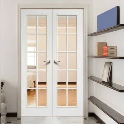 SA 10 Pane Moulded Grained White Internal Door Pair - Clear Glass