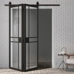 SpaceEasi Top Mounted Black Folding Track & Double Door - Greenwich Black Primed Door - Clear Glass