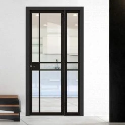 ThruEasi Room Divider - Greenwich Black Primed Clear Glass Unfinished Industrial Door With Narrow Single Side