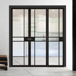 ThruEasi Room Divider - Greenwich Black Primed Clear Glass Unfinished Double Doors With Single Side
