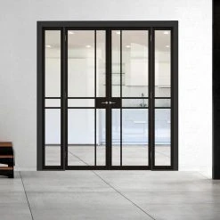 ThruEasi Room Divider - Greenwich Black Primed Clear Glass Unfinished Industrial Double Doors With Narrow Double Sides
