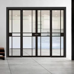 ThruEasi Room Divider - Greenwich Black Primed Clear Glass Unfinished Double Doors With Double Sides