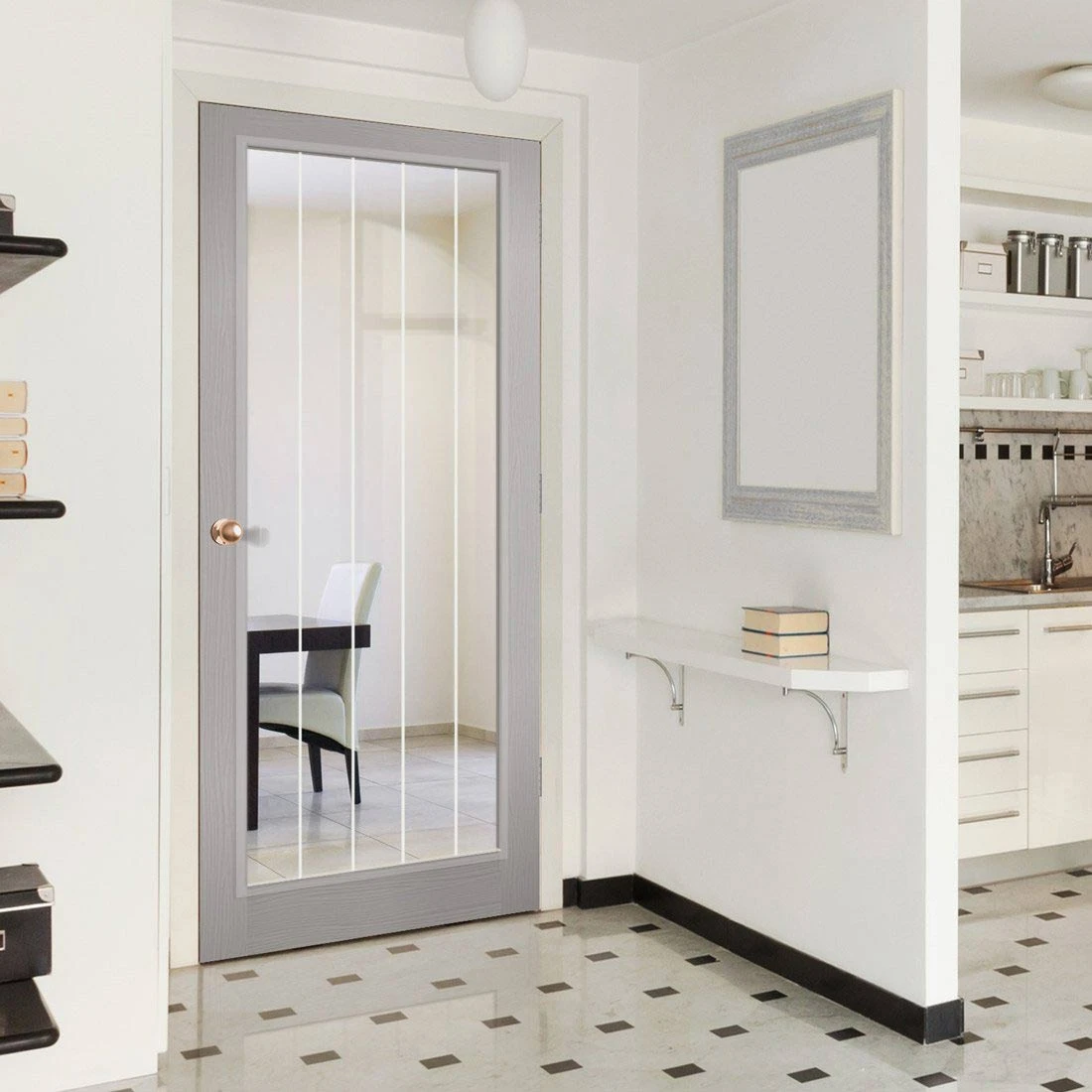 Moulded Textured Vertical 1 Light Grey Internal Door - Clear Glass Frosted Lines - Prefinished 1 Moulded Textured Vertical 1 Light Grey Internal Door - Clear Glass Frosted Lines - Prefinished