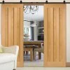 Top Mounted Black Sliding Track & Double Door - Idaho 3 Panel Oak Doors - Unfinished