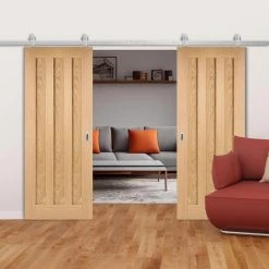 Top Mounted Stainless Steel Sliding Track & Double Door - Idaho 3 Panel Oak Doors - Prefinished