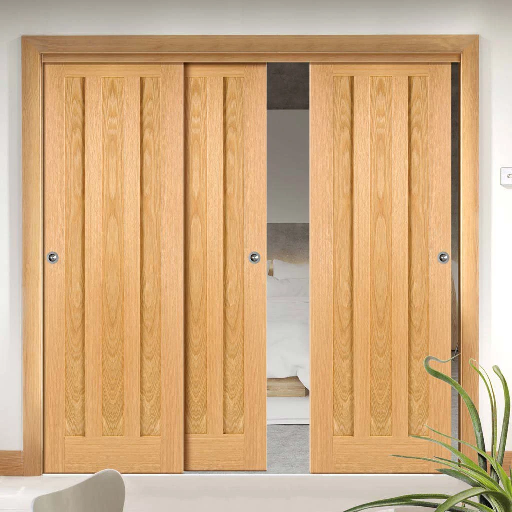 Pass-Easi Three Sliding Doors And Frame Kit - Idaho 3 Panel Oak Door - Prefinished 1 Pass-Easi Three Sliding Doors And Frame Kit - Idaho 3 Panel Oak Door - Prefinished
