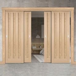 Pass-Easi Four Sliding Doors And Frame Kit - Idaho 3 Panel Oak Door - Prefinished
