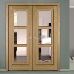 Oak 3 Pane Inlay Flush Internal Door Pair - Clear Glass - Prefinished