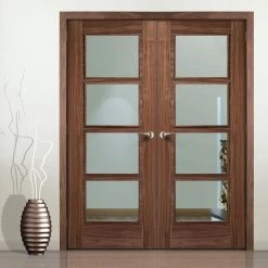 Vancouver Walnut 4 Pane Internal Door Pair - Clear Glass - Prefinished