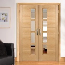 Vancouver Oak 4 Pane Internal Door Pair - Clear Glass Offset - Prefinished