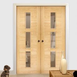 Sofia 3 Pane Oak Internal Door Pair - Clear Glass - Prefinished