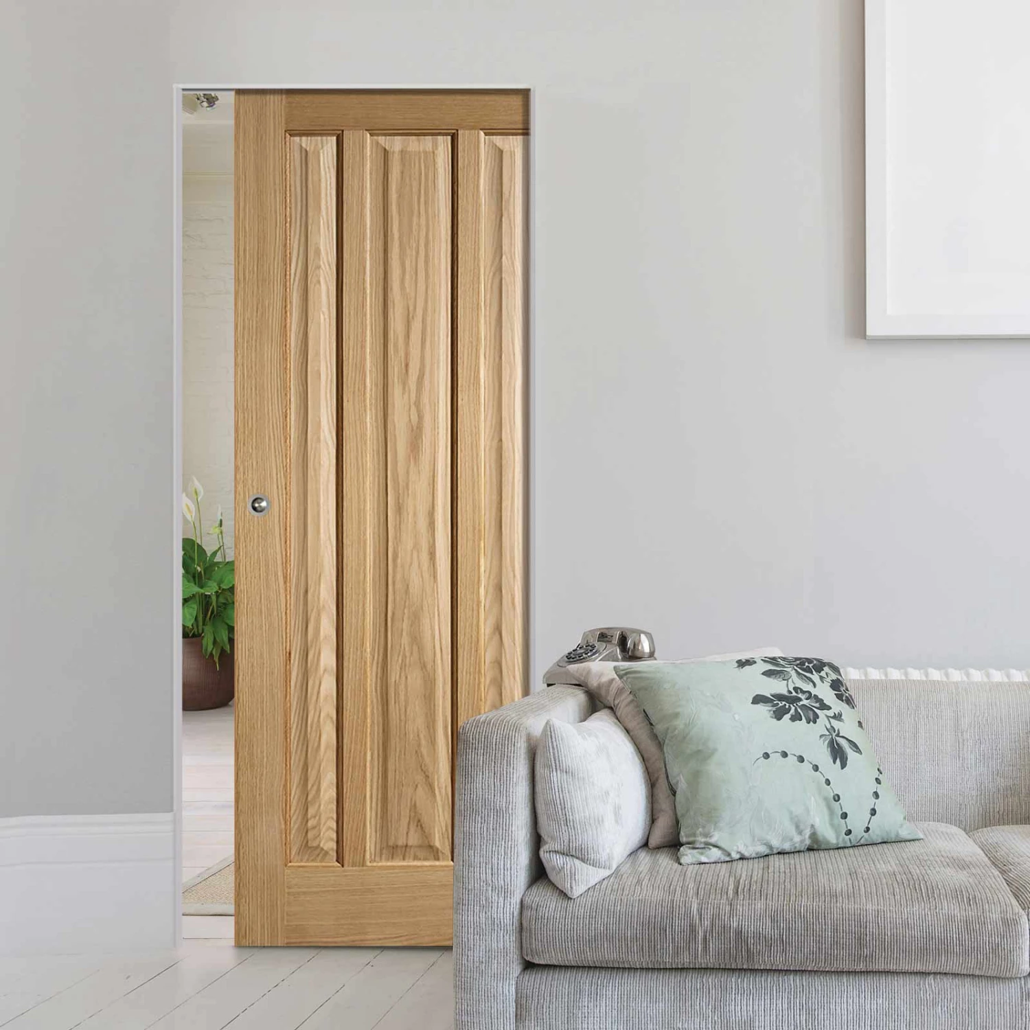 Kilburn 3 Panel Oak Absolute Evokit Single Pocket Doors 1 Kilburn 3 Panel Oak Absolute Evokit Single Pocket Doors
