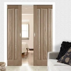 Kilburn 3 Panel Oak Double Evokit Pocket Door