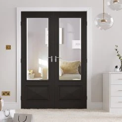 Knightsbridge 1 Pane 1 Panel Black Primed Internal Door Pair - Raised Mouldings - Clear Bevelled Glass